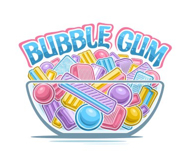 Vector Bubble Gum Bowl, karikatür tasarımlı yatay poster çeşitli balonlu sakız hala hayat dolu, bir sürü canlı nane sakızı grubu şeffaf kasede lezzetli yumuşak şekerler ve eğlenceli metin baloncuğu sakızı.