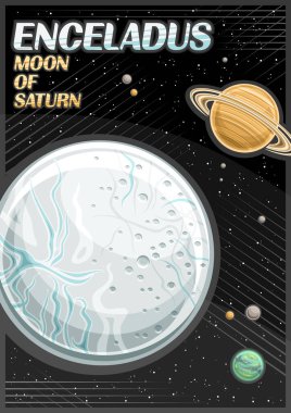 Enceladus için vektör posteri, koyu yıldızlı arka planda Satürn Gezegeni çizgi filminin etrafında dönen mavi ayın resimli dikey afişi, Satürn uydusunun sözleriyle fantezi Cosmo broşürü