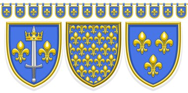 Vektör Fleur de Lis Shields, çeşitli mavi armalı, sarı fleur de lis süslemeli ve beyaz arkaplanda süslemesiz kiraz kuşu desenli izole resimlerle yatay pankart.