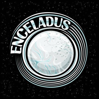 Enceladus Moon için vektör logosu, buz kabuğu yüzeyinde kraterleri olan dönen uyduyla dekoratif kozmo baskısı, mavi metin enceladus için mavi arkaplan üzerinde eşsiz fırça harfleri olan uzay posteri.