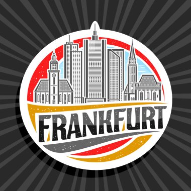 Frankfurt için vektör logosu, Frankfurt için beyaz dekoratif etiket, gündüz gökyüzü arka planında Frankfurt şehir manzarası çizimi, siyah metin frankfurt için eşsiz fırça tipine sahip sanat tasarımı buzdolabı mıknatısı