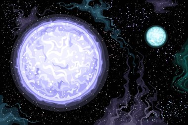 Vector Fantasy Space Chart, çizgi film tasarımlı yatay poster en parlak ikili yıldız sistemi Sirius A ve Sirius B derin uzayda, dekoratif fütüristik kozmo baskısı siyah yıldızlı arkaplan