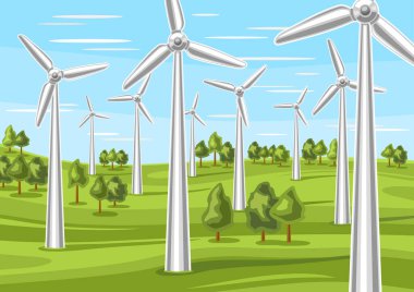 Rüzgâr Güç Çiftliği 'nin vektör illüstrasyonu, mavi bulutlu arka planda çizgi film dizaynı rüzgar enerjisi alanı olan yatay poster, yeşil tepelerdeki rüzgar pervaneli fütüristik manzara.