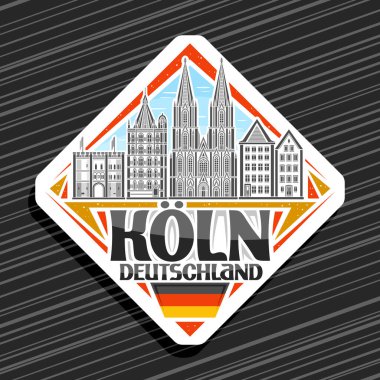 Koln için vektör logosu, beyaz eşkenar dörtgen yol işareti gökyüzü arka planında Avrupa 'nın ünlü koln şehir manzarasının taslağı, dekoratif şehir buzdolabı mıknatısı siyah metin Koln Deutschland