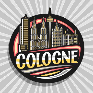 Köln için vektör logosu, Avrupa 'nın ünlü kolonya şehir manzarasının çizgili tasarımı ile dekoratif etiketi alacakaranlık gökyüzü arka planında, sanat tasarımı buzdolabı mıknatısı metin kolonyası için eşsiz fırça yazı tipi