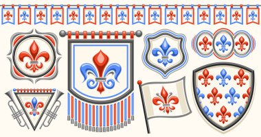 Vektör Fleur de Lis seti, farklı kırmızı ve mavi fleur de lis resimlerinin derlendiği yatay afiş, pürüzsüz kiraz kuşu, klasik dekoratif tasarım elemanları grubu