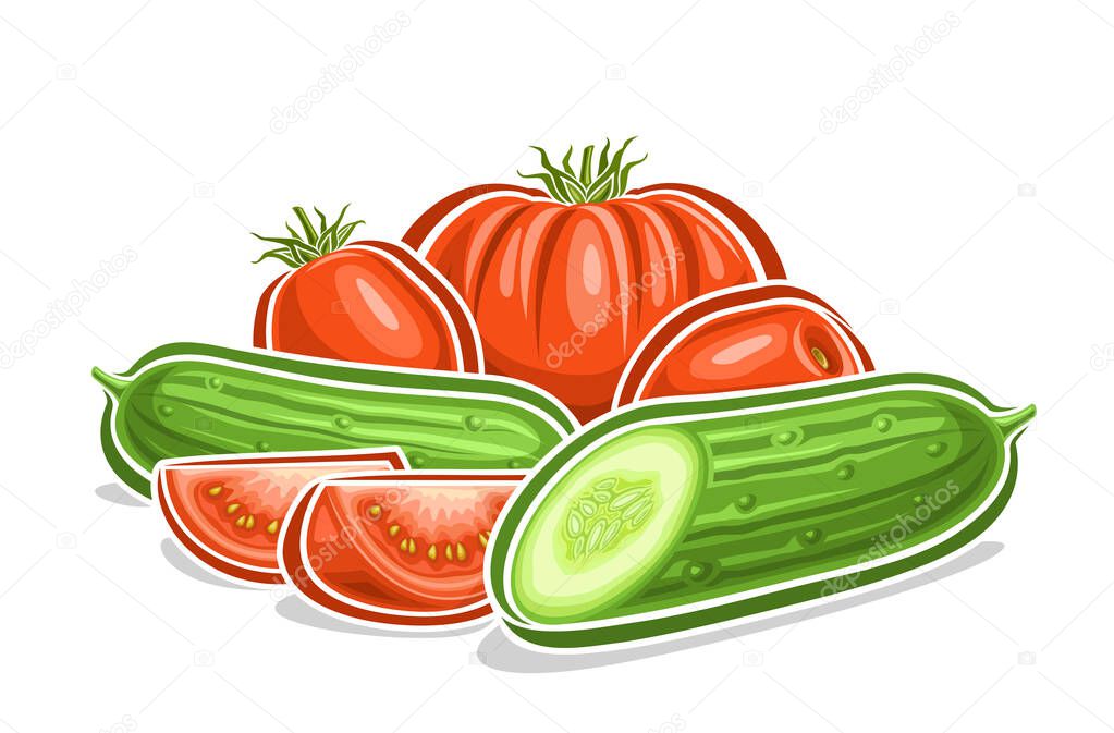 Vector logo for Cucumber and Tomato, decorative horizontal poster with outline illustration of tomato-cucumber composition, cartoon design vegetable print with various veggie parts on white background