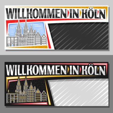 Koln için fotokopi alanı olan vektör pankartı, Avrupa Koln şehrinin ünlü resimleriyle dekoratif şablon gündüz ve alacakaranlık gökyüzü arkaplanı, sanat tasarım turist kartı ve Koln 'da Willkommen