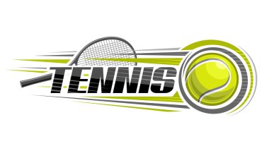 Tenis için vektör logosu, tenis topuna vurmanın ana hatlarıyla çizilmiş dekoratif yatay pankart, beyaz arka planda yörüngede uçmak ve tenis için eşsiz fırça harfleri