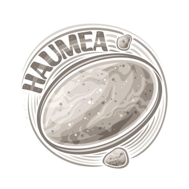 Vector logo for Dwarf Planet Haumea, decorative cosmo print with rotating moons Hi'iaka and Namaka around oval planet, square space poster with unique letters for grey text haumea on white background clipart