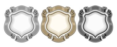 Vektör Heraldik Amblemler Kümesi, kopyalama alanı olan üç ayrı illüstrasyonun koleksiyonu, beyaz arkaplan üzerindeki başlık metni için kurdeleli dekoratif çeşitli klasik amblemler grubu