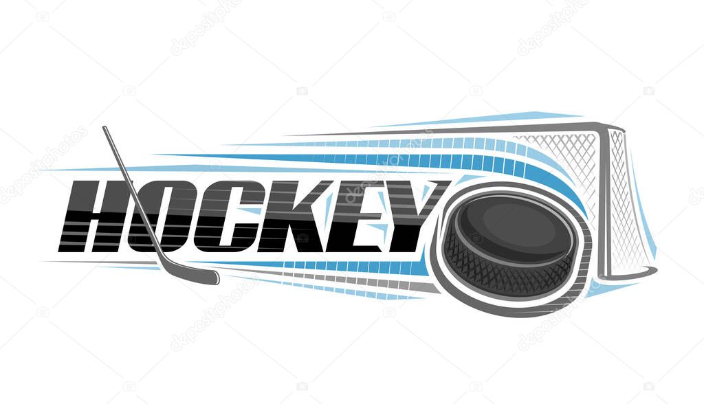 Vector logo for Ice Hockey, decorative horizontal banner with outline illustration of hitting hockey puck, thrown on trajectory in goal on white background and unique lettering for blue word hockey
