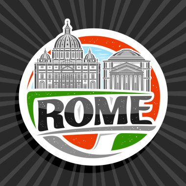 Roma için vektör logosu, Roma tarihi şehir manzarasının ana hatlarıyla özdeşleştirilmiş beyaz dekoratif etiket gökyüzü arka planında, sanat tasarımı buzdolabı mıknatısı siyah metin roması için eşsiz fırça harfleriyle