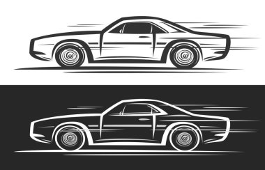 Kas Arabası için vektör logosu, yatay dekoratif otomotiv afişleri, hareket halindeki aşırı kas Coupe çizimi, siyah beyaz arka planda sanat tasarımı konsepti arabası