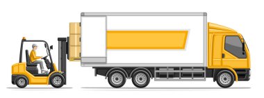 Yükleme kamyonunun vektör illüstrasyonu, profil kenarlı forklift sipariş paleti ile yatay başlık dağıtım kamyonunda posta kamyonu, beyaz arka planda sarı kabini olan posta kamyonu