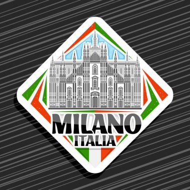 Milano için vektör logosu, beyaz rhomb yolu tabelası gökyüzü arka planında ünlü duomo di milano çizimi, dekoratif buzdolabı mıknatısı siyah metin milano italia için eşsiz harflerle