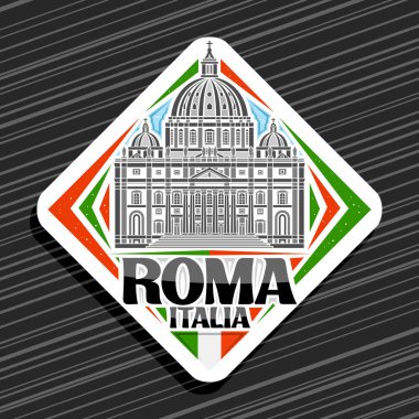 Romanlar için vektör logosu, beyaz rhomb yol tabelası gökyüzü arka planında ünlü görkemli roma Peter 'ın bazilikasının çizimi, dekoratif şehir buzdolabı mıknatısı, siyah metin roma, italyan