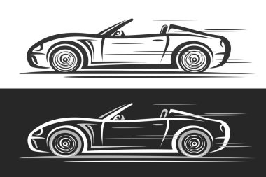 Üstü açık araba için vektör logosu, hareket halindeki fütüristik arabanın basit dış hatlarıyla dekoratif afişler, tek renkli çizgi tasarımı pahalı araba, siyah beyaz arka plan profili