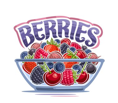 Vektör Böğürtlen Kasesi, karikatür tasarım böğürtlen kompozisyonu yeşil yapraklı ve saplı dekoratif poster, beyaz arkaplandaki cam şeffaf cam tabakta meyvelerin ana hatları