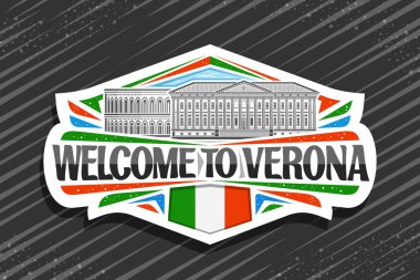 Verona için vektör logosu, Avrupai verona şehrinin gökyüzü arkaplanının ana hatlarını gösteren beyaz dekoratif tabela, verona 'ya hoş geldiniz diyen sanat tasarımı buzdolabı mıknatısı