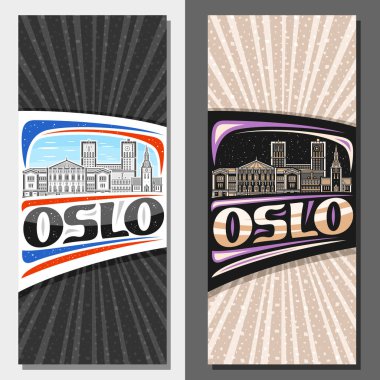 Vector vertical layouts for Oslo, decorative leaflet with outline illustration of european oslo city scape on day and dusk sky background, art design tourist card with unique lettering for text oslo clipart
