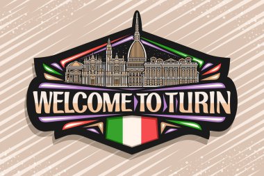 Torino için vektör logosu, karanlık gökyüzü arka planında tarihi panoramik türin şehir manzarasının ana hatlarıyla çizilmiş siyah dekoratif etiketi, Torino 'ya hoş geldiniz diyen çizgi sanat tasarımı buzdolabı mıknatısı