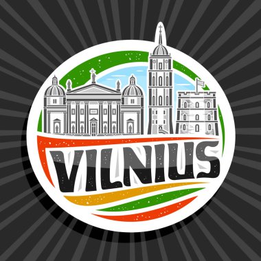 Vilnius için vektör logosu, Avrupa 'nın gökyüzü arka planında yer alan vilnius şehir manzarasının ana hatlarıyla çizilmiş beyaz dekoratif etiket, siyah metin vilnius için eşsiz harflerle sanat tasarımı buzdolabı mıknatısı