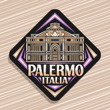 Palermo için vektör logosu, Palermo 'da gece vakti gökyüzü arka planında ünlü politeama tiyatrosunun çizili siyah eşkenar dörtgen tabela, metin palermo ile dekoratif buzdolabı mıknatısı, italia