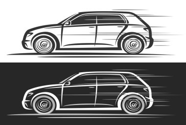 Hatchback Car için vektör logosu, siyah ve beyaz arka planda çalışan hatchback 'in zarif klip sanatında tek renkli modern arabanın basit çizgili tasviri ile otomotiv dekoratif afişleri.