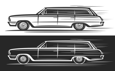 Klasik Estate Car için vektör logosu, siyah ve beyaz arka planda tek renkli zarif bir arazi aracının çizimi olan otomotiv dekoratif afişleri, clipart büyük steyşın vagon.