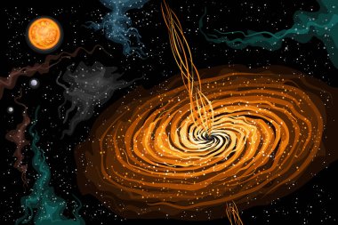 Vektör Boşluğu Kara Deliği, uzayın derinliklerinde turuncu ışınları olan süper kütleli kara deliğin çizgi film tasarımlı astronomik yatay poster, yıldızlı uzay arka planında dekoratif fütürist kozmo baskısı