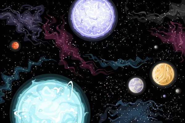 Vector Fantasy Space Horizontale Astronomische Poster Met Cartoon Ontwerp Helderste Vectorbeelden