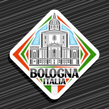 Bolonya için vektör logosu, beyaz rhomb yol tabelası gökyüzü arka planında Bolonya 'da ünlü Madonna di San Luca' nın resimleriyle birlikte, dekoratif şehir buzdolabı mıknatısı siyah metin bolonya, italyan