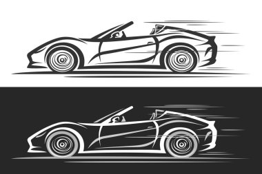 Spor Araba için vektör logosu, yatay otomotiv afişi, tek renkli konsept arabanın açık tavanlı basit çizimi, siyah beyaz arka planda dekoratif çalışan spor araba.