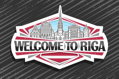 Riga için vektör logosu, beyaz dekoratif etiket, ana hatlarıyla ünlü detaylı riga şehir manzarası gökyüzü arka planında, çizgi çizgisi sanat buzdolabı mıknatısı siyah kelimelerle riga hoş geldiniz