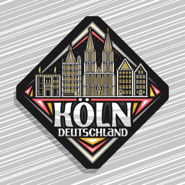 Koln için vektör logosu, koln, deutschland kelimeleriyle dekoratif kentsel buzdolabı mıknatısı, koln, deutschland