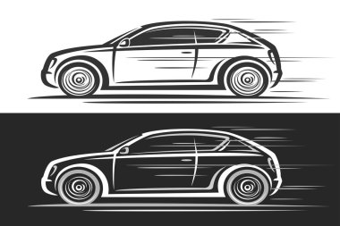 Hatchback Car için vektör logosu, hareket halindeki tek renkli zarif spor arabanın basit konturu ile otomotiv dekoratif afişi, siyah ve beyaz arka planda klişe hatchback 'in konturu