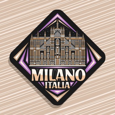 Milano için vektör logosu, siyah eşkenar dörtgen yol işareti, gece gökyüzü arka planında aydınlatmalı duomo di milano çizimi, dekoratif buzdolabı mıknatısı Milano, italyan