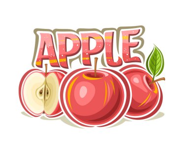 Kırmızı Elma için vektör logosu, yeşil yapraklı elma kompozisyonunun ana hatlarıyla dekoratif yatay poster, beyaz arka planda tohumlu kırmızı doğranmış elma ile çizgi film tasarımı baskısı