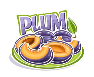 Erik için vektör logosu, yeşil yapraklı erik kompozisyonu taslağı ile dekoratif yatay poster, beyaz arkaplanlı doğranmış erik parçalarıyla karikatür tasarımı etiketi