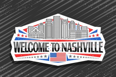 Vector logo for Nashville, white decorative label with illustration of panoramic nashville city scape on day sky background, line art design refrigerator magnet with black words welcome to nashville