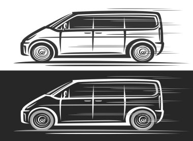 Minivan için vektör logosu, siyah ve beyaz arkaplan üzerinde zarif minivan konsepti, hareket halindeki tek renkli sanat aracının basit kontur çizimine sahip otomotiv dekoratif pankartları.