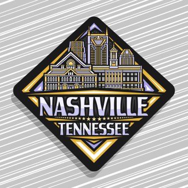 Nashville için vektör logosu, karanlık rhomb yol tabelası alacakaranlık gökyüzü arka planında ünlü tarihi Nashville şehir manzarasının çizimi, dekoratif kentsel buzdolabı mıknatısı Nashville, Tennessee