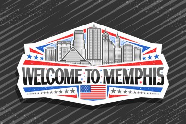 Memphis için vektör logosu, Memphis 'e hoş geldiniz siyah kelimeleriyle sanat tasarımı buzdolabı mıknatısı, gökyüzü arka planında ünlü çağdaş Memphis şehir manzarasının çizgili tasviri.