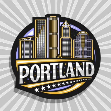 Portland için vektör logosu, siyah dekoratif yuvarlak etiket. Alacakaranlık gökyüzü arka planında modern Portland şehir manzarasının çizimi. Sanat tasarımı buzdolabı mıknatısı.