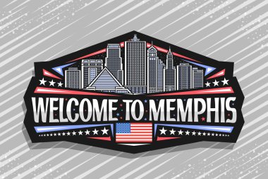 Memphis için vektör logosu, modern şehir Memphis şehir manzarasının çizgili çizgisi gece gökyüzü arkaplanı, sanat tasarımı buzdolabı mıknatısı Memphis 'e hoş geldiniz sözleriyle birlikte