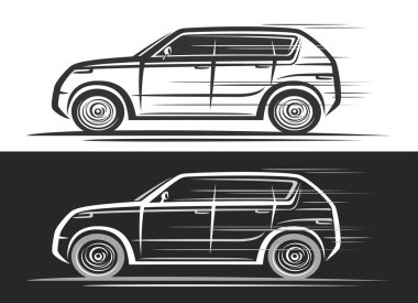 SUV Car için vektör logosu, siyah beyaz arka planda fütüristik SUV konsept arabasında hareket halindeki sanat monokrom spor araçlarının basit çizgili tasviri ile otomotiv dekoratif afişi