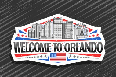 Orlando için vektör logosu, beyaz dekoratif işaret ile modern panoramik orlando şehir manzarası çizimi gökyüzü arka planında, sanat tasarımı buzdolabı mıknatısı siyah kelimelerle Orlando 'ya hoş geldiniz