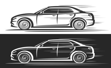 Sedan Car için vektör logosu, yatay otomotiv afişleri, hareket eden, dekoratif siyah beyaz arka planda büyük sedan kullanan tek renkli zarif konsept arabanın basit kontur çizimi.