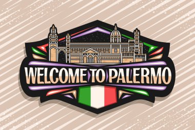 Palermo için vektör logosu, alacakaranlıkta Palermo Katolik başpiskoposluğunun resmedildiği siyah dekoratif tabela, Palermo 'ya hoş geldiniz diyen çizgi sanat tasarımı buzdolabı mıknatısı.